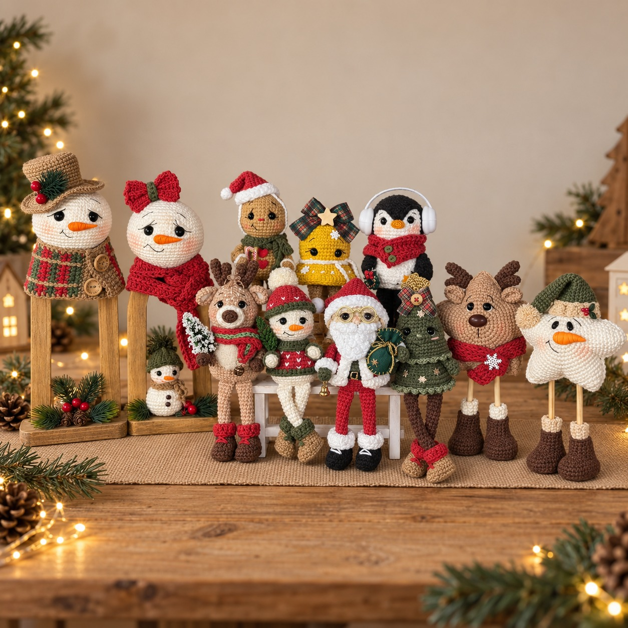 Coleção de amigurumis natalinos: Papai Noel, boneco de neve, rena, pinheiro, gingerbread e pinguim